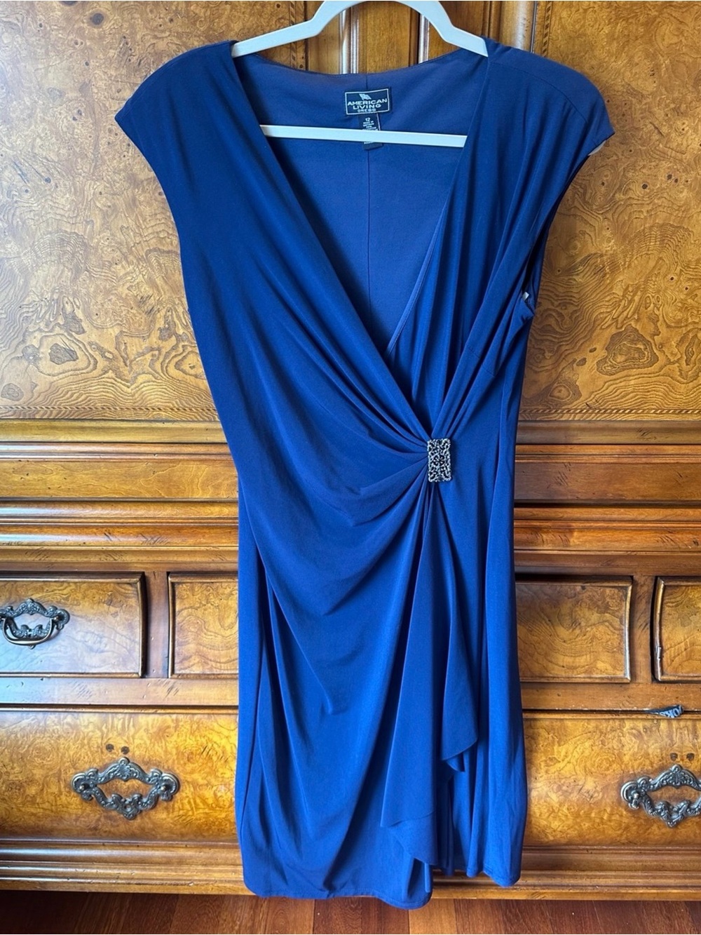 American Living Blue Faux Wrap Dress Size 12 Rhinestone Accent Stretch Midi